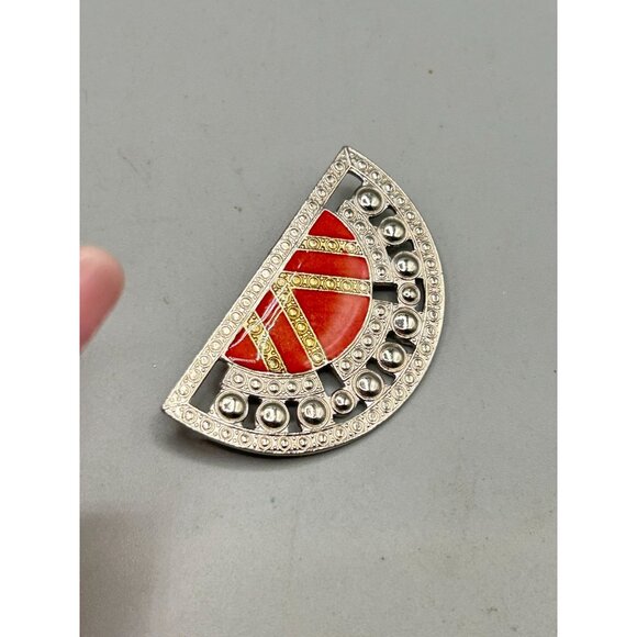 Art Deco Inspired Vintage Brooch Red Enamel Silver Tone Semi Circle Pin - Picture 2 of 6